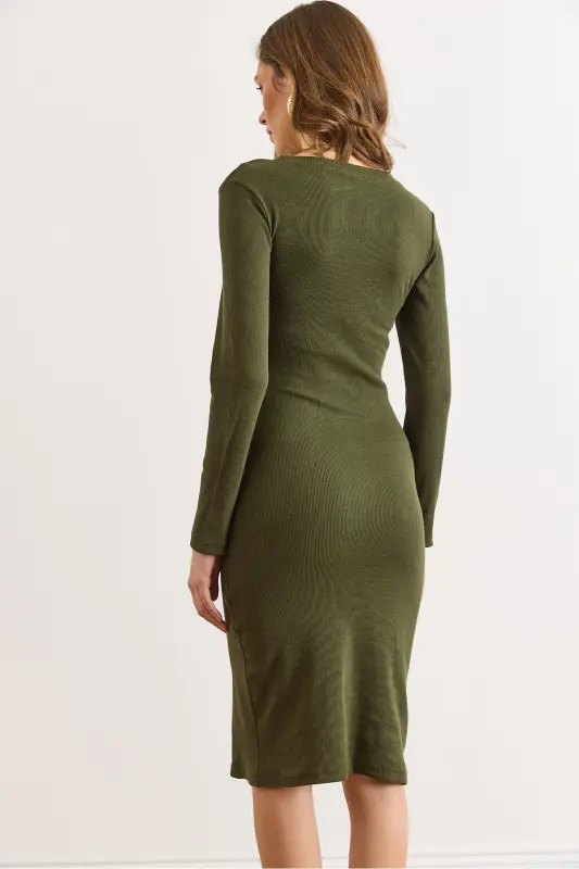 Kadın Haki Düğme Detaylı Yırtmaçlı Midi Esnek Elbise ELB-19002256-Haki - 4