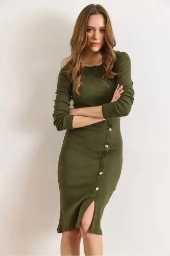 Kadın Haki Düğme Detaylı Yırtmaçlı Midi Esnek Elbise ELB-19002256-Haki - 6