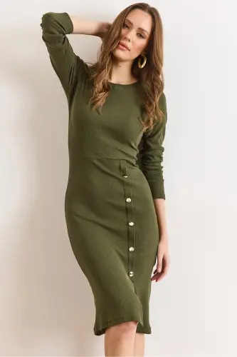 Kadın Haki Düğme Detaylı Yırtmaçlı Midi Esnek Elbise ELB-19002256-Haki 