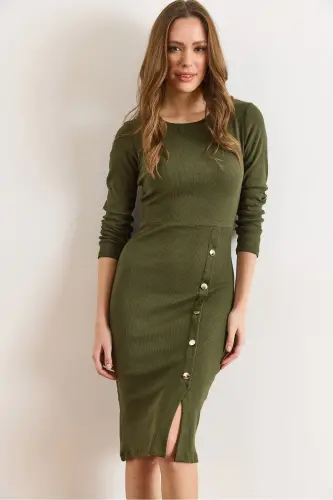 Kadın Haki Düğme Detaylı Yırtmaçlı Midi Esnek Elbise ELB-19002256-Haki - 2