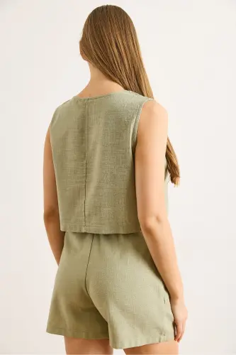 Kadın Haki Flam Keten Crop Bluz BLZ-19002925-Haki - 3