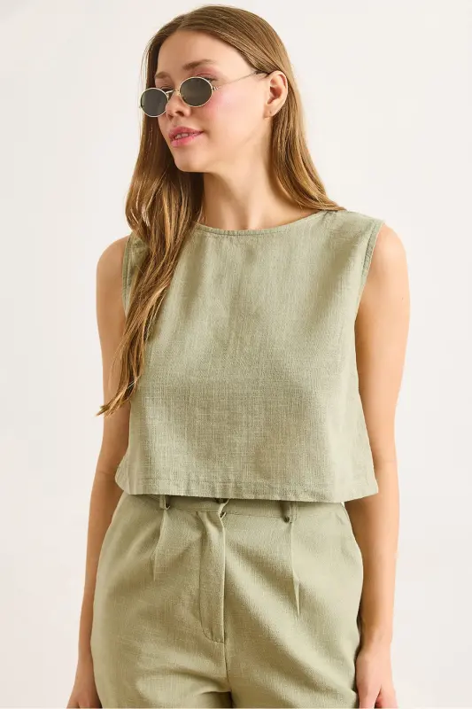 Kadın Haki Flam Keten Crop Bluz BLZ-19002925-Haki - 4
