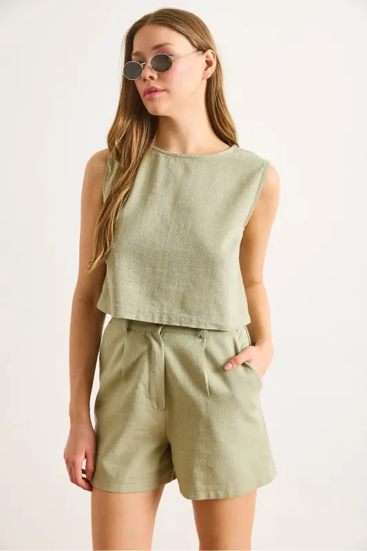 Kadın Haki Flam Keten Crop Bluz BLZ-19002925-Haki - 5