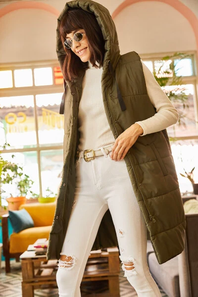 Kadın Haki Kapşonlu Cepli Şişme Yelek YLK-19000007-Haki - Modazone