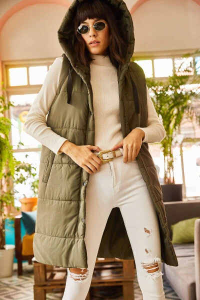 Kadın Haki Kapşonlu Cepli Şişme Yelek YLK-19000007-Haki - Modazone (1)