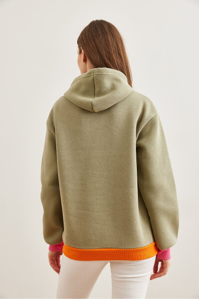 Kadın Haki Kapüşonlu Bağcık Detaylı Şardonlu Sweatshirt SWT-19000710-Haki - 7