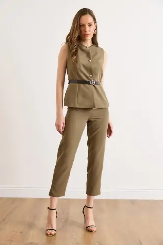 Kadın Haki Kemerli Yelek Pantolon Takım TKM-19000380 - Haki - OLALOOK (1)