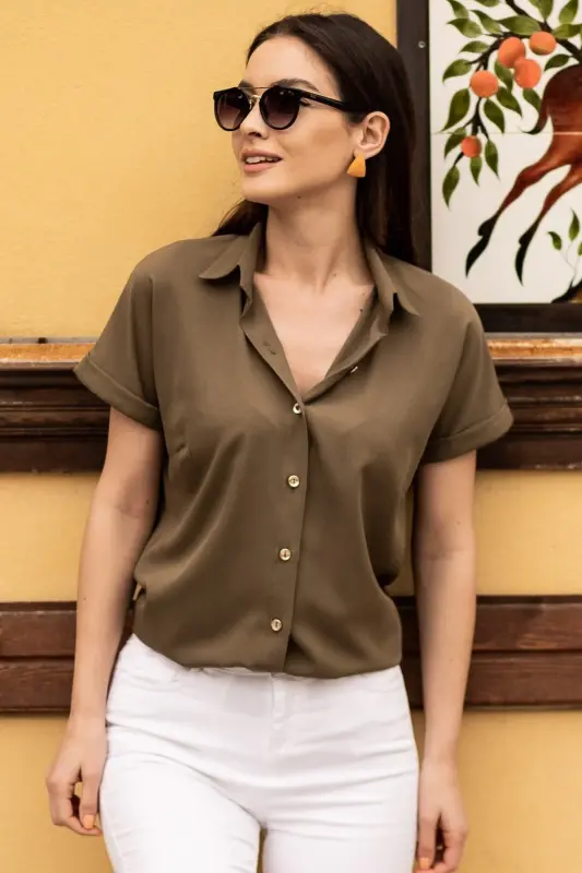 Kadın Haki Kısa Kol Gömlek ARM-19Y001065-HAKİ - 2