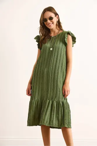 Kadın Haki Kol Etek Fırfırlı Dokulu Midi Elbise ELB-19002364-Haki - 3