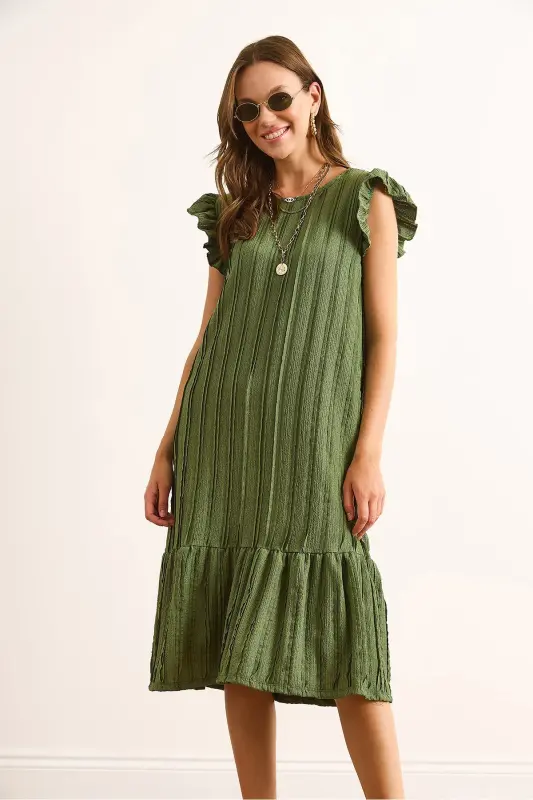 Kadın Haki Kol Etek Fırfırlı Dokulu Midi Elbise ELB-19002364-Haki - 3