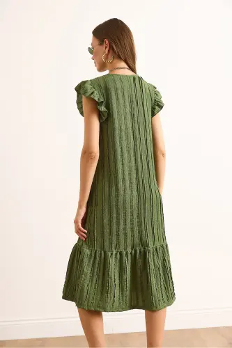 Kadın Haki Kol Etek Fırfırlı Dokulu Midi Elbise ELB-19002364-Haki - 6