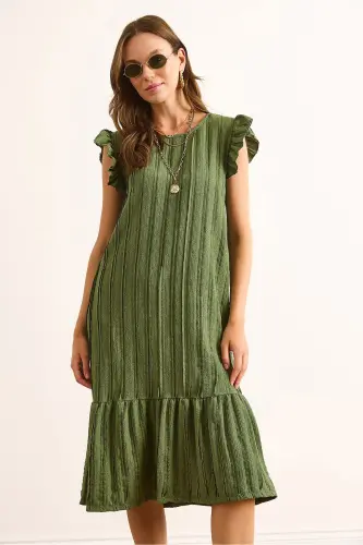 Kadın Haki Kol Etek Fırfırlı Dokulu Midi Elbise ELB-19002364-Haki - 5