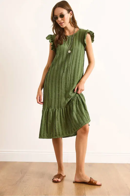 Kadın Haki Kol Etek Fırfırlı Dokulu Midi Elbise ELB-19002364-Haki - 1