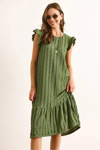 Kadın Haki Kol Etek Fırfırlı Dokulu Midi Elbise ELB-19002364-Haki - OLALOOK (1)