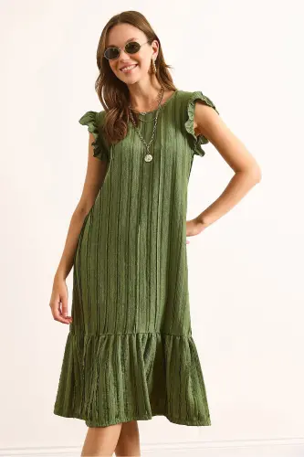 Kadın Haki Kol Etek Fırfırlı Dokulu Midi Elbise ELB-19002364-Haki - 4