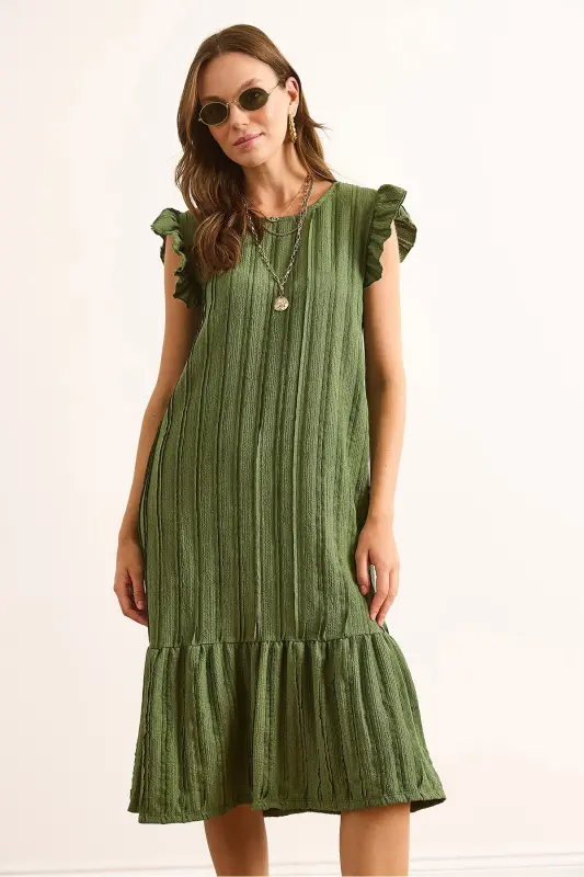 Kadın Haki Kol Etek Fırfırlı Dokulu Midi Elbise ELB-19002364-Haki - 5