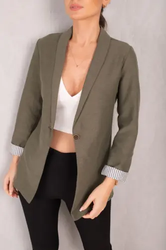 Kadın Haki Kol İçi Çizgili Tek Düğmeli Ceket ARM-22K001122-Haki - 3