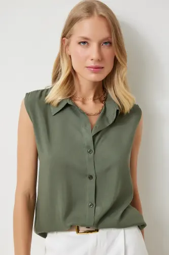 Kadın Haki Kolsuz Viskon Gömlek TO00129-Haki - 1