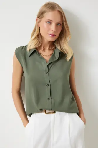 Kadın Haki Kolsuz Viskon Gömlek TO00129-Haki - 3