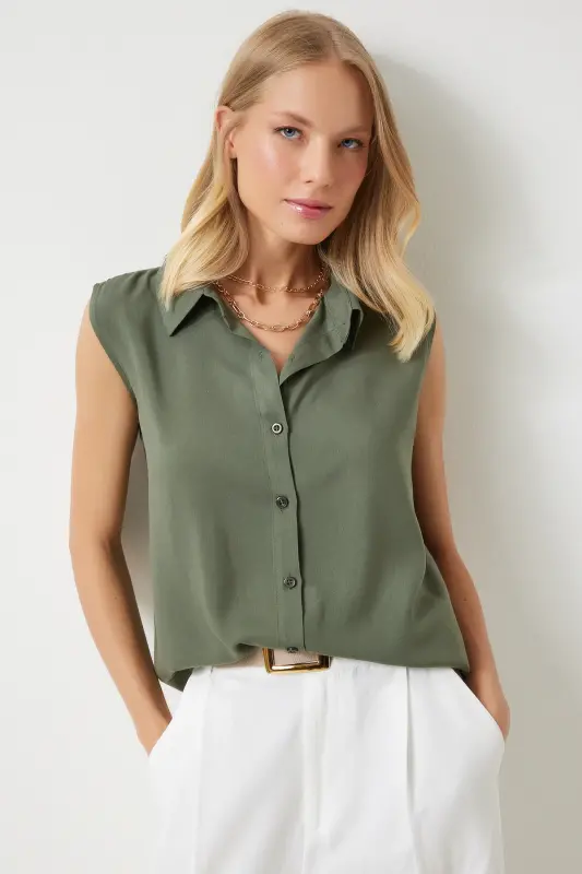 Kadın Haki Kolsuz Viskon Gömlek TO00129-Haki - 3