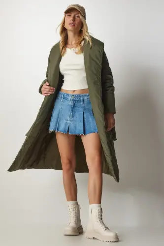 Kadın Haki Kuşaklı Şal Yaka Kapitone Kaban dz00089-Haki - 3