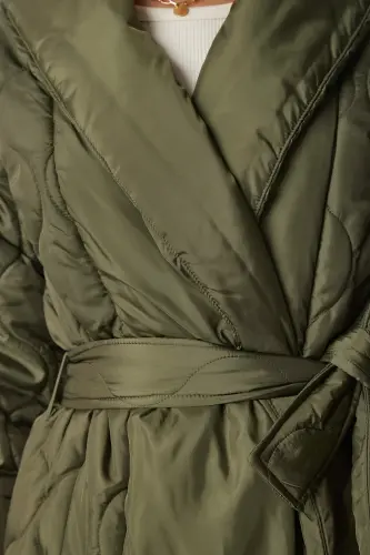 Kadın Haki Kuşaklı Şal Yaka Kapitone Kaban dz00089-Haki - 6