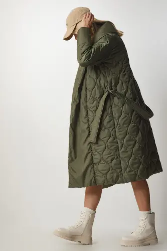 Kadın Haki Kuşaklı Şal Yaka Kapitone Kaban dz00089-Haki - 4