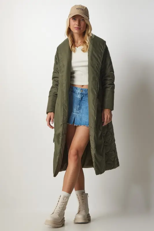 Kadın Haki Kuşaklı Şal Yaka Kapitone Kaban dz00089-Haki - 5