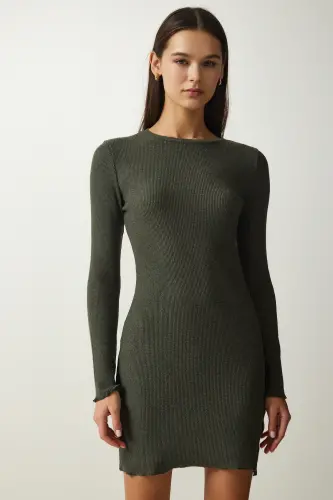 Kadın Haki Mini Yırtmaçlı Fitilli Örme Elbise UB00211-Haki - 2