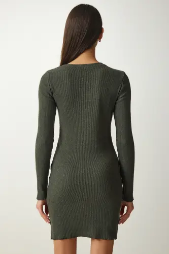 Kadın Haki Mini Yırtmaçlı Fitilli Örme Elbise UB00211-Haki - 5