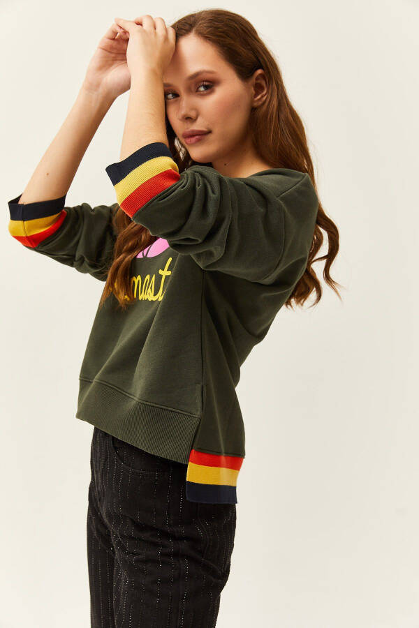 Kadın Haki Nameste Baskılı Premium Şerit Detaylı Kalın Sweatshirt SWT-19000640 - Haki - 4