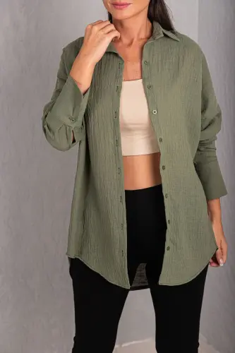 Kadın Haki Oversize Dokulu Keten Görünümlü Geniş Manşetli Gömlek Arm-24k001001-Haki 