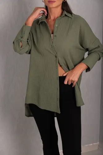 Kadın Haki Oversize Dokulu Keten Görünümlü Geniş Manşetli Gömlek Arm-24k001001-Haki - ARMONIKA (1)