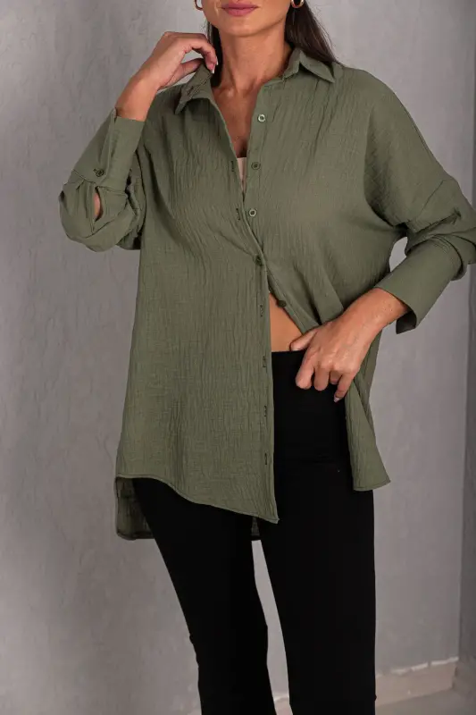 Kadın Haki Oversize Dokulu Keten Görünümlü Geniş Manşetli Gömlek Arm-24k001001-Haki - 2
