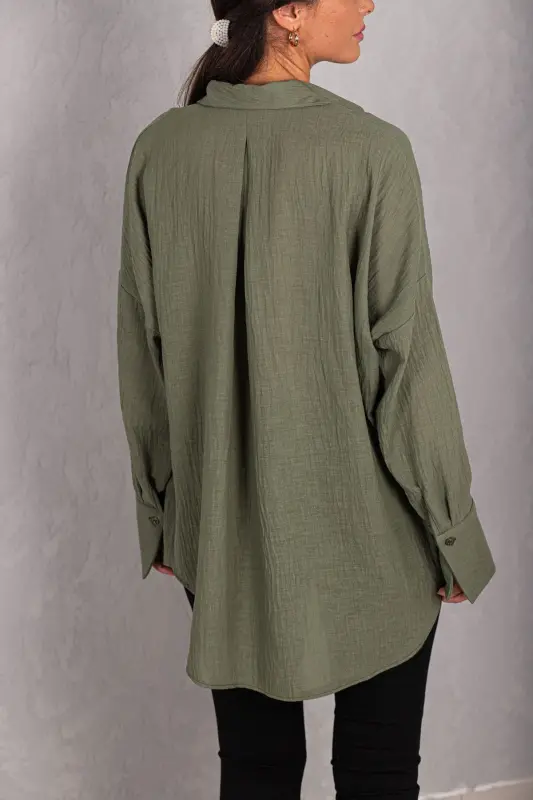 Kadın Haki Oversize Dokulu Keten Görünümlü Geniş Manşetli Gömlek Arm-24k001001-Haki - 3