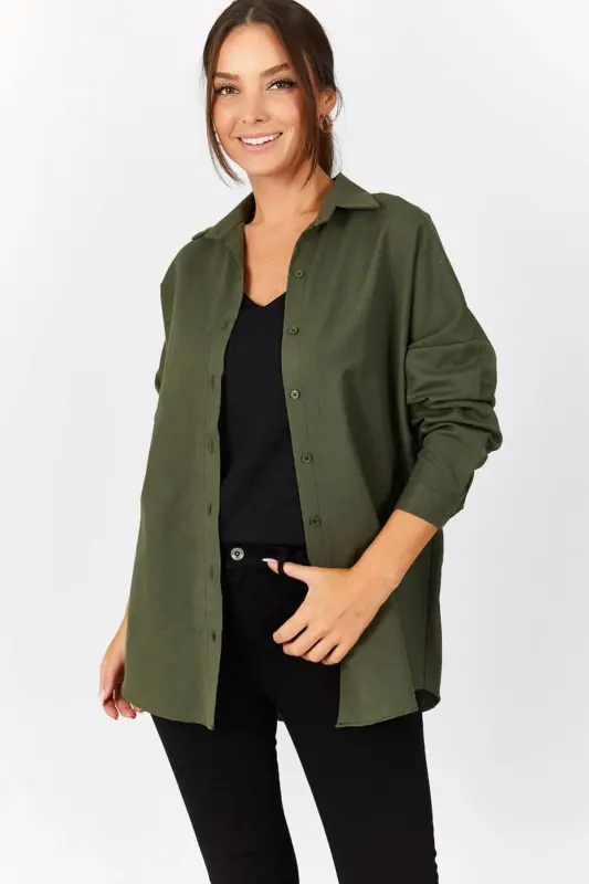 Kadın Haki Oversize Uzun Basic Gömlek ARM-22Y001118-Haki - ARMONIKA