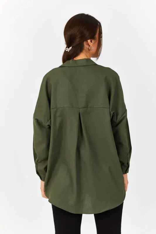 Kadın Haki Oversize Uzun Basic Gömlek ARM-22Y001118-Haki - 4