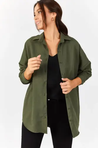 Kadın Haki Oversize Uzun Basic Gömlek ARM-22Y001118-Haki - ARMONIKA (1)