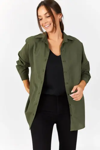 Kadın Haki Oversize Uzun Basic Gömlek ARM-22Y001118-Haki - 3