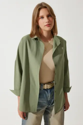 Kadın Haki Oversize Uzun Basic Gömlek DD00842 - Haki - 7
