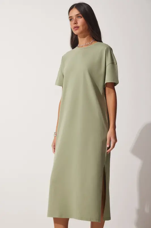 Kadın Haki Pamuklu Yazlık Günlük Penye Elbise UB00080-Haki - 1
