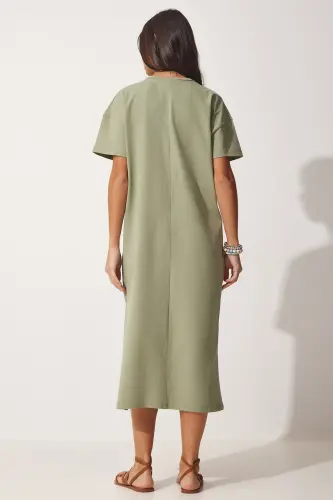 Kadın Haki Pamuklu Yazlık Günlük Penye Elbise UB00080-Haki - 3