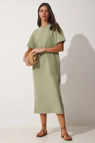 Kadın Haki Pamuklu Yazlık Günlük Penye Elbise UB00080-Haki - HAPPINESS İSTANBUL (1)