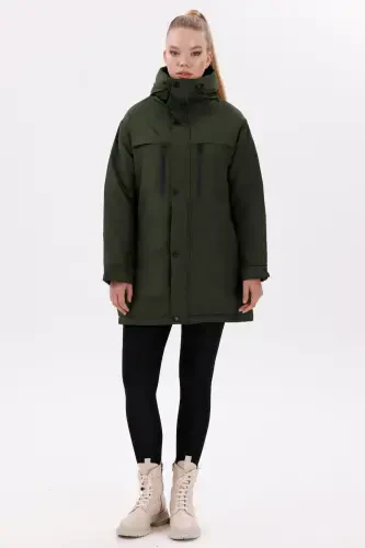 Kadın Haki Polarlı Kürklü Su Ve Rüzgar Geçirmez Kapüşonlu Kışlık Regülar Kalıp Mont & Kaban & Parka-Haki - 3