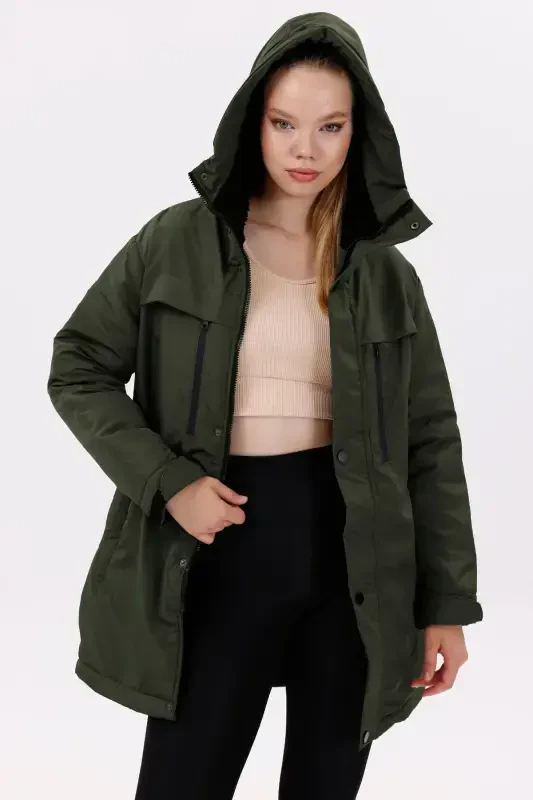 Kadın Haki Polarlı Kürklü Su Ve Rüzgar Geçirmez Kapüşonlu Kışlık Regülar Kalıp Mont & Kaban & Parka-Haki - 5