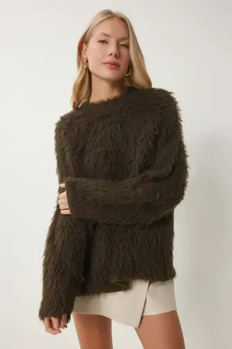 Kadın Haki Sakallı Yumuşak Dokulu Triko Kazak US00950-Haki - HAPPINESS İSTANBUL (1)