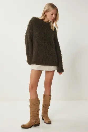 Kadın Haki Sakallı Yumuşak Dokulu Triko Kazak US00950-Haki - 1