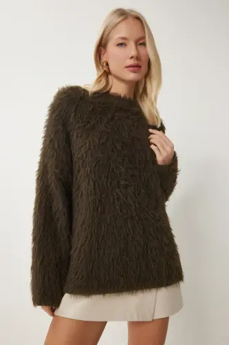 Kadın Haki Sakallı Yumuşak Dokulu Triko Kazak US00950-Haki - 3