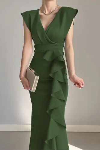 Kadın Haki Scuba Dalgıç Kumaş Kruvaze Yaka Eteği Volanlı Abiye Mezuniyet Nikah Haki Elbise - Haki - ALFUDO MODA COLLECTION (1)