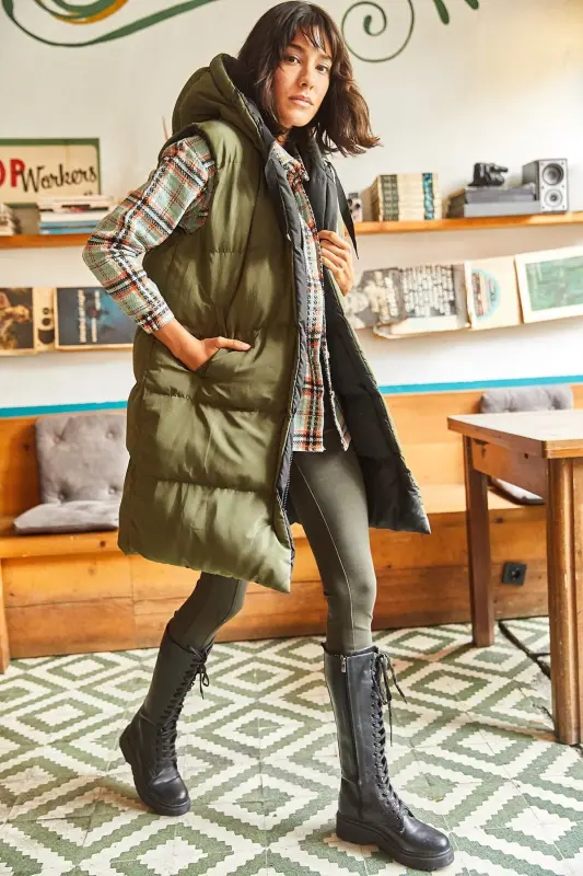 Kadın Haki Siyah Çift Taraflı Dolgulu Kapüşonlu Dokuma Yelek YLK-19000013-Haki Siyah - 2